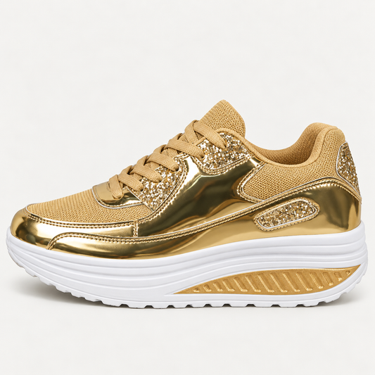 Aurelia Women's Platform Trainers | Metallic Gold Mesh, Cushioned Sole