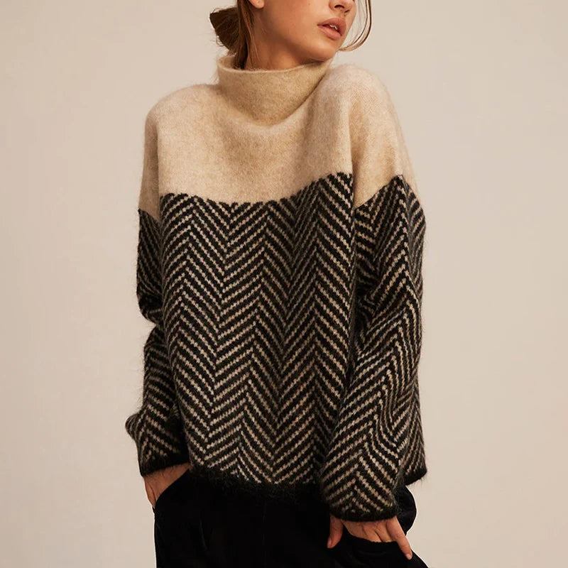 Harlan Women's Oversized Sweater | Soft Knit Herringbone Pattern, Roll Neck 0