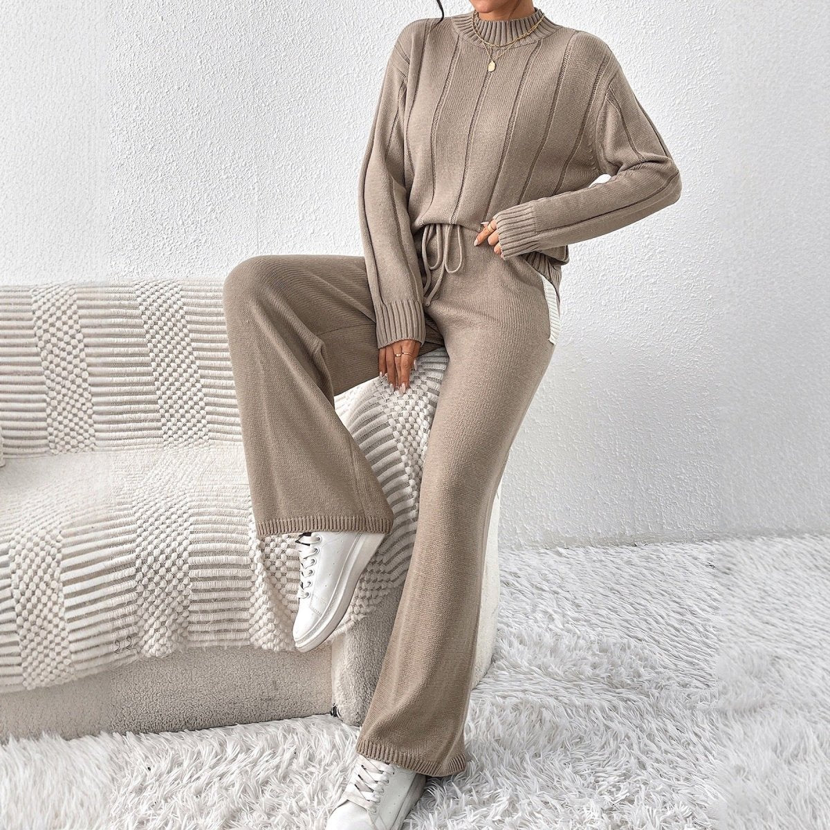 Kora Knitted Co Ord Set | Soft Knit Sweater and Wide Leg Trousers in Warm Khaki 0