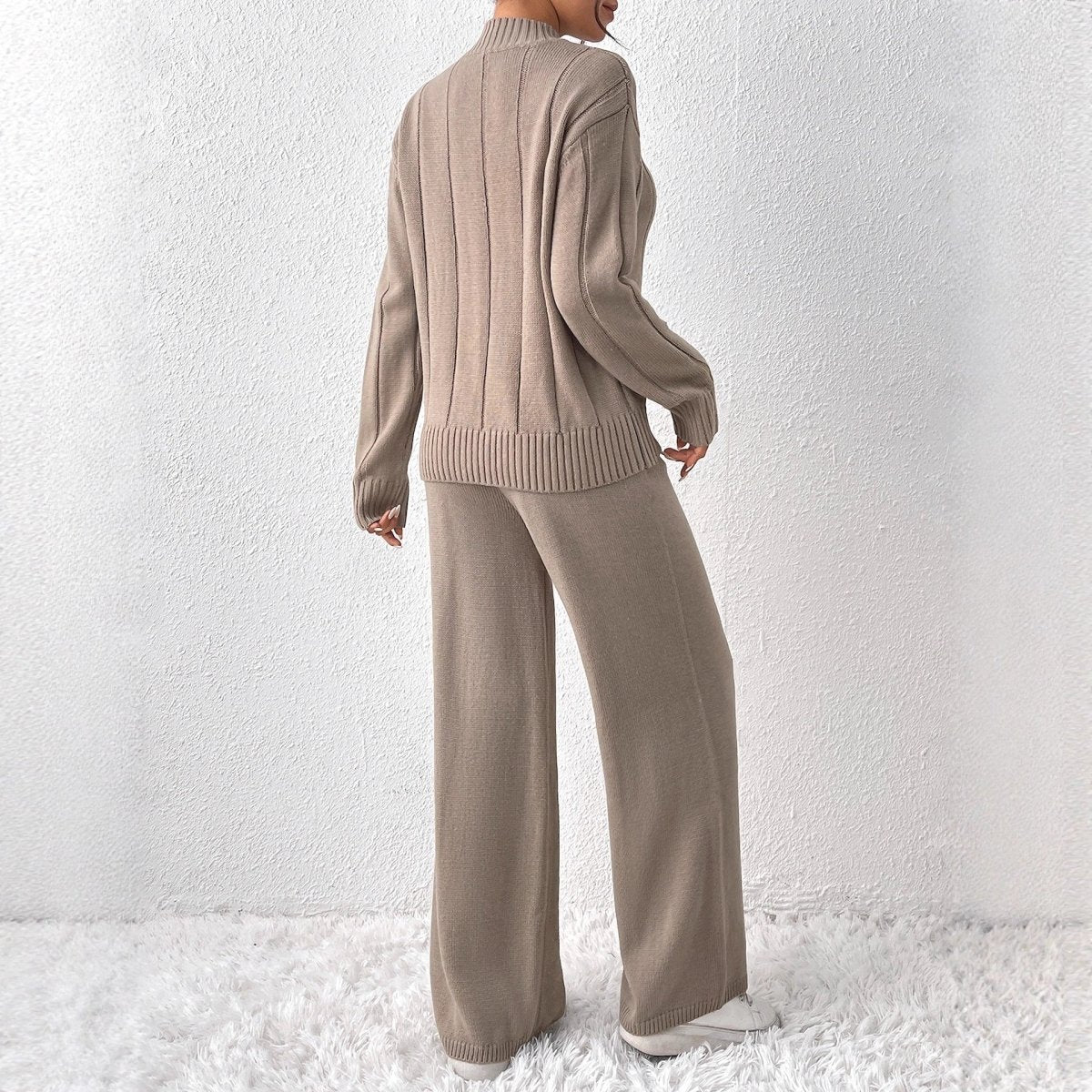 Kora Knitted Co Ord Set | Soft Knit Sweater and Wide Leg Trousers in Warm Khaki 1