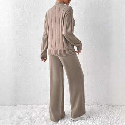 Kora Knitted Co Ord Set | Soft Knit Sweater and Wide Leg Trousers in Warm Khaki 1