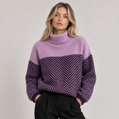 Haven Women’s Oversized Turtleneck Sweater | Herringbone Knit, Two-Tone Design