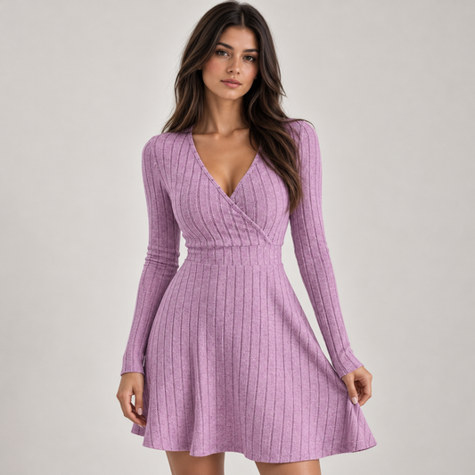 Riva Women's Dress | Ribbed Knit, Wrap Front, V-Neckline, Long Sleeves