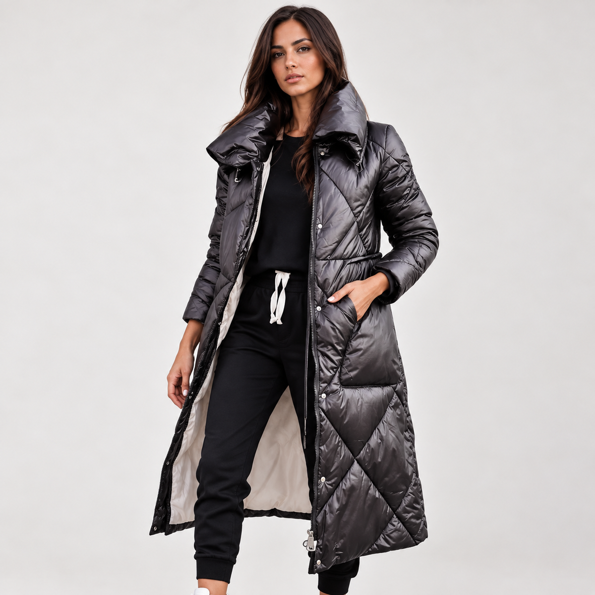 Paige Women's Long Puffer Coat | Quilted Zip Front, Extended Length