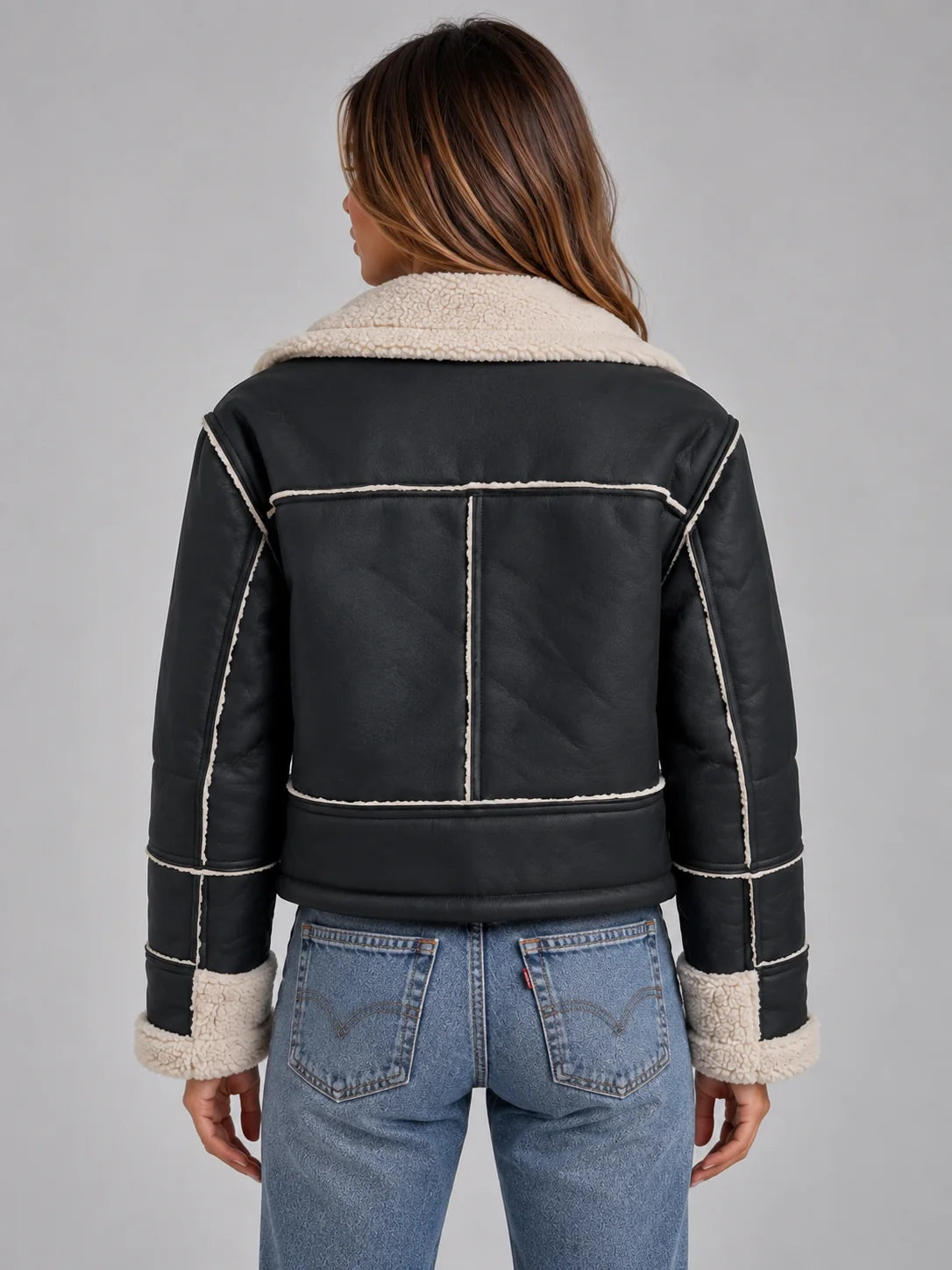 Marlen Women's Cropped Aviator Jacket | Faux Shearling Collar and Lining 1