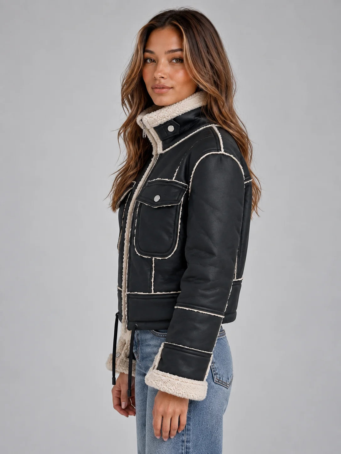 Marlen Women's Cropped Aviator Jacket | Faux Shearling Collar and Lining 2