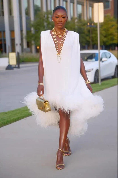 Mila Women's Mini Dress | White A-Line with Feather Trim 1