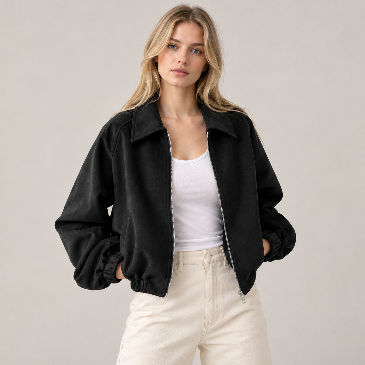 Cora Bomber Jacket Women | Cropped Vegan Suede, Elasticated Hem