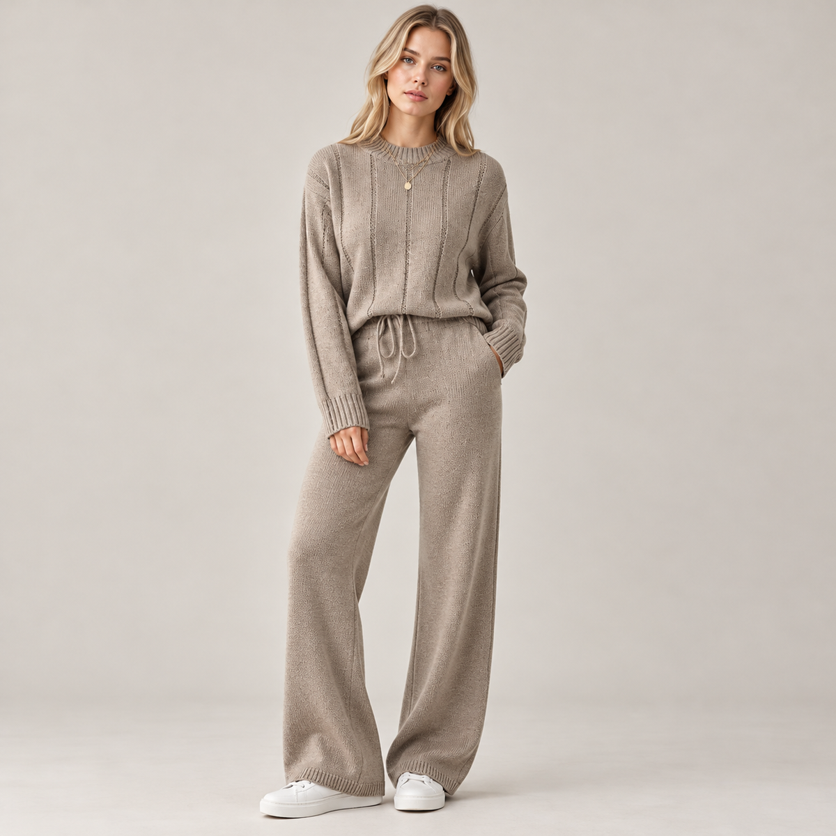 Kora Knitted Co Ord Set | Soft Knit Sweater and Wide Leg Trousers in Warm Khaki