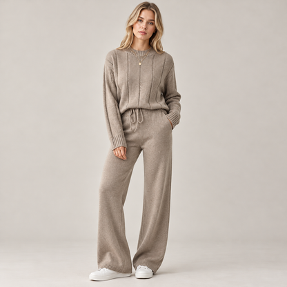 Kora Knitted Co Ord Set | Soft Knit Sweater and Wide Leg Trousers in Warm Khaki
