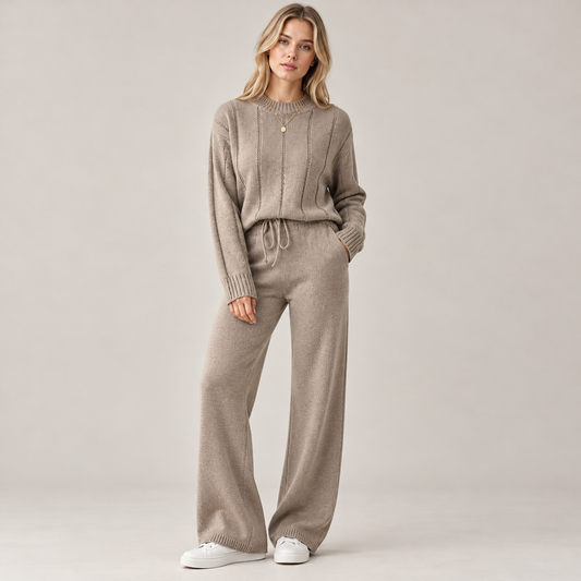 Kora Knitted Co Ord Set | Soft Knit Sweater and Wide Leg Trousers in Warm Khaki