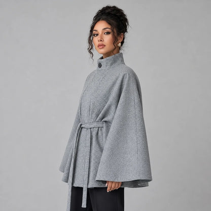 Mira Women's Cape Coat | Belted Stand Collar, Light Stretch Fabric 2
