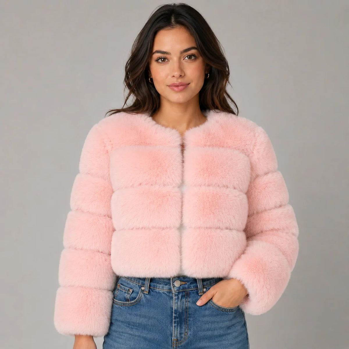 Mira Women's Cropped Jacket | Soft Faux Fur, Collarless 11