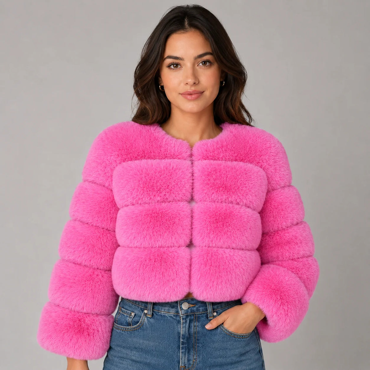 Mira Women's Cropped Jacket | Soft Faux Fur, Collarless 8