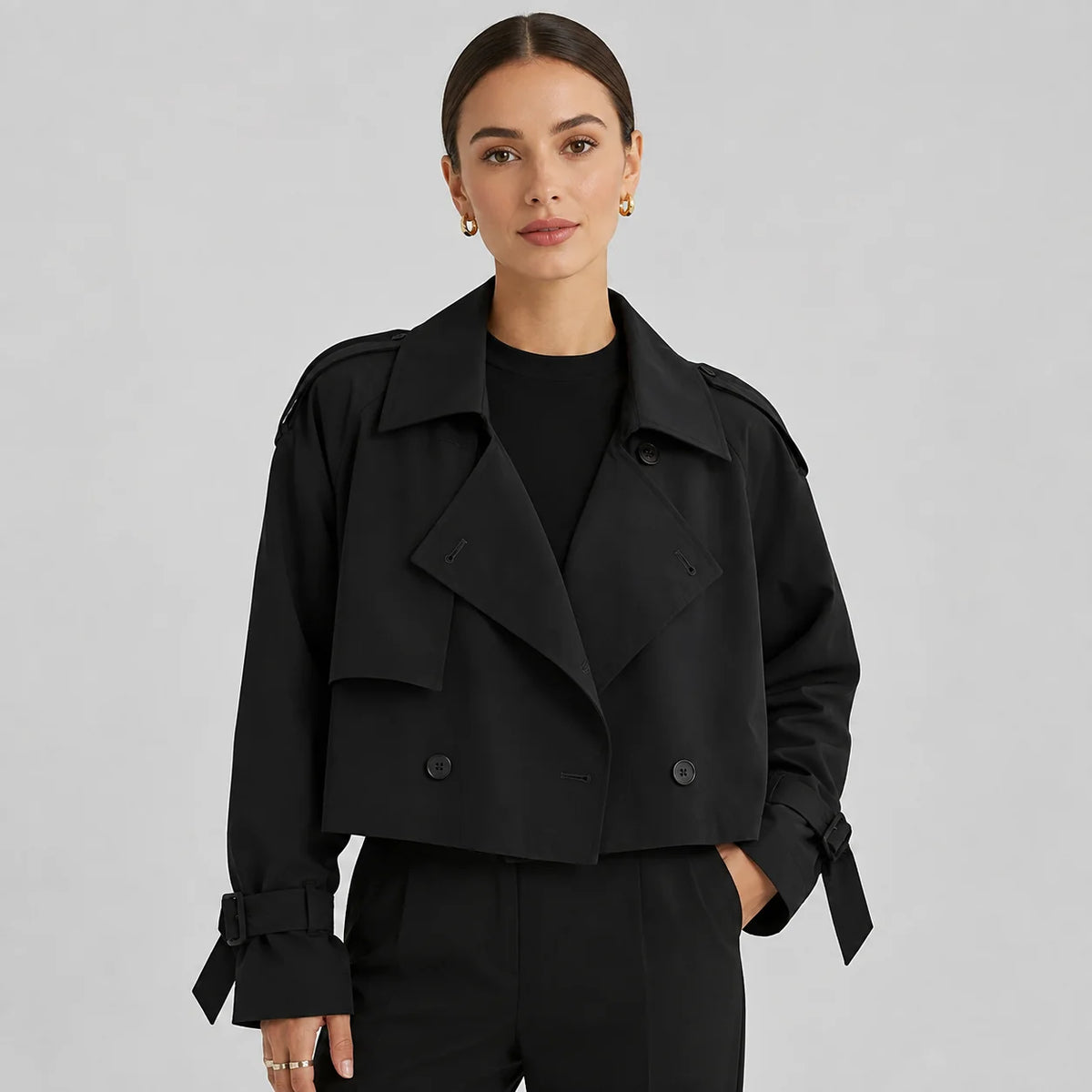 Mira Women's Cropped Trench Coat | Double-Breasted, Oversized Fit 0