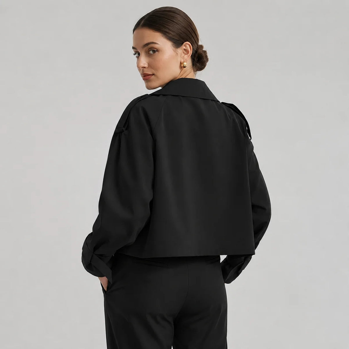 Mira Women's Cropped Trench Coat | Double-Breasted, Oversized Fit 1