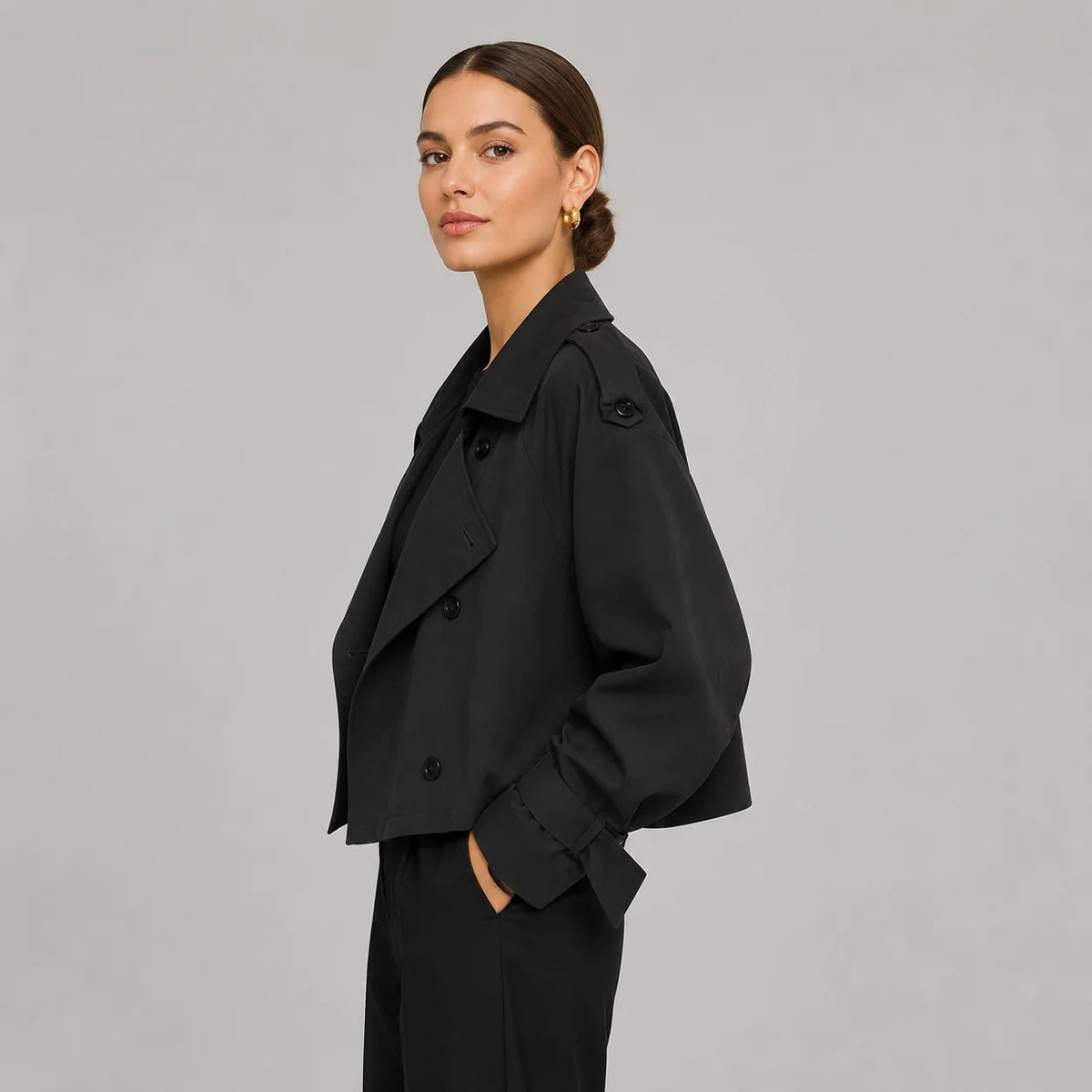 Mira Women's Cropped Trench Coat | Double-Breasted, Oversized Fit 2