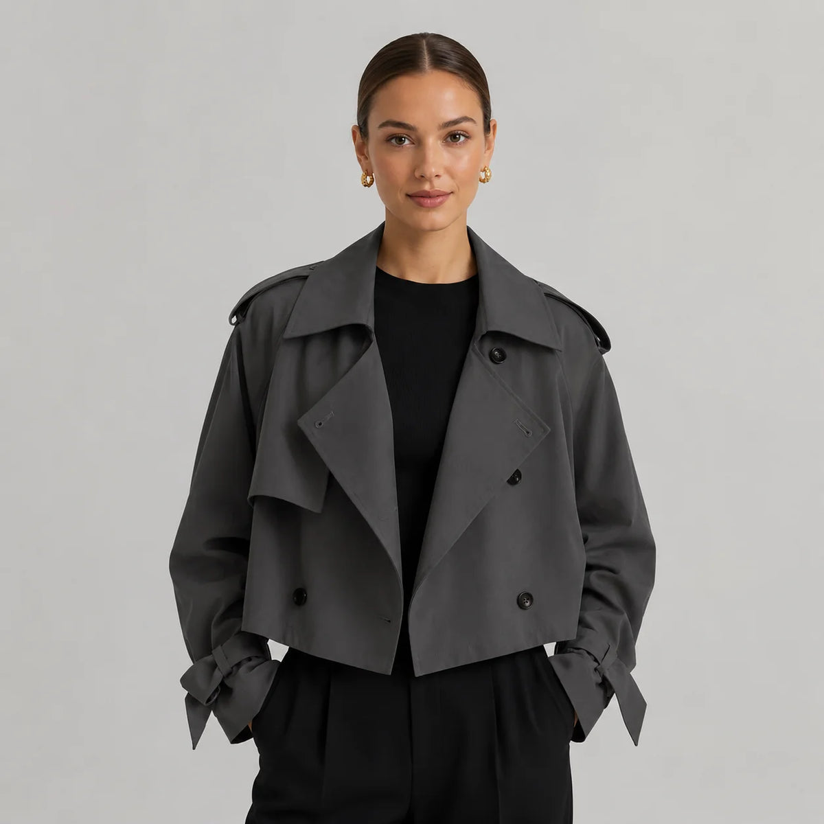 Mira Women's Cropped Trench Coat | Double-Breasted, Oversized Fit 4