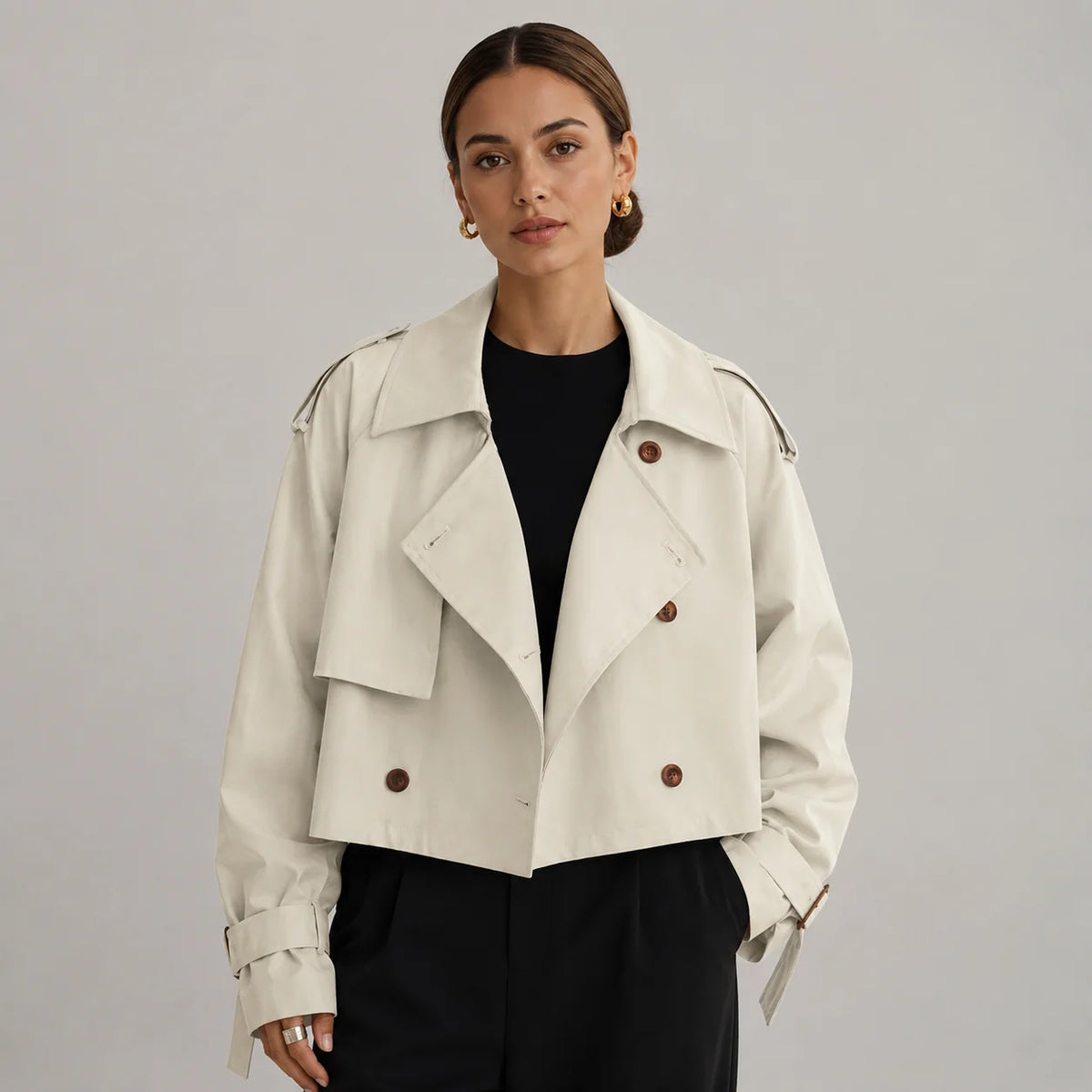 Mira Women's Cropped Trench Coat | Double-Breasted, Oversized Fit 5