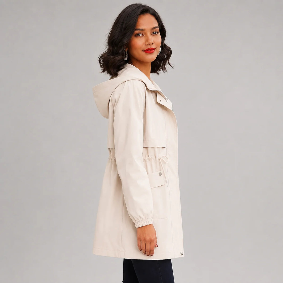 Mira Women's Hooded Trench Coat | Drawstring Waist, Longline Fit 6