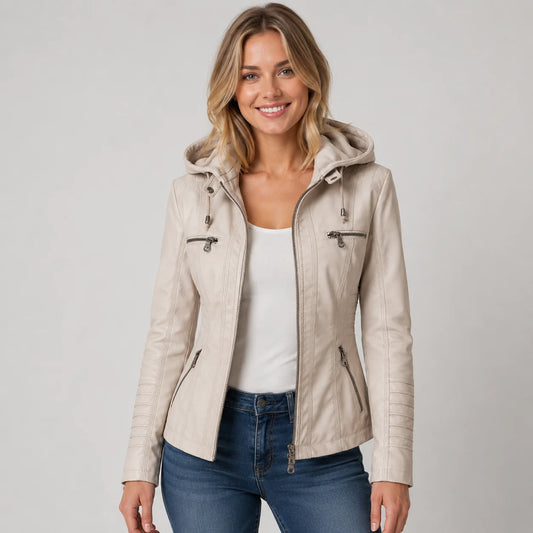 Mira Women's Jacket | Leather-Look, Detachable Hood, Zip Front 0