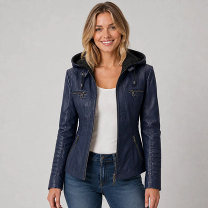 Mira Women's Jacket | Leather-Look, Detachable Hood, Zip Front 3