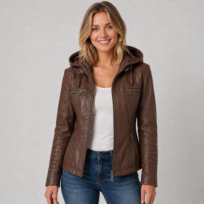 Mira Women's Jacket | Leather-Look, Detachable Hood, Zip Front 4