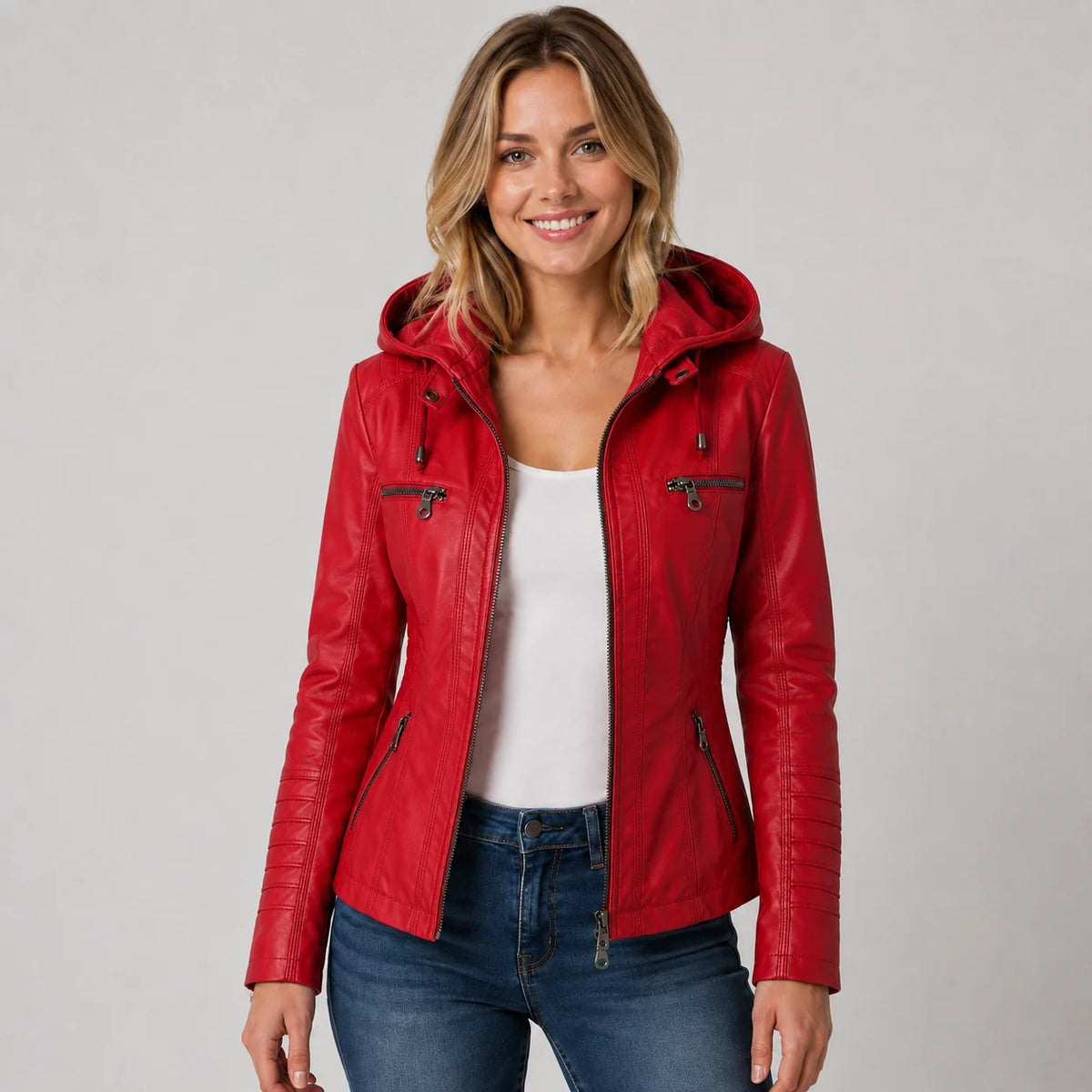 Mira Women's Jacket | Leather-Look, Detachable Hood, Zip Front 5