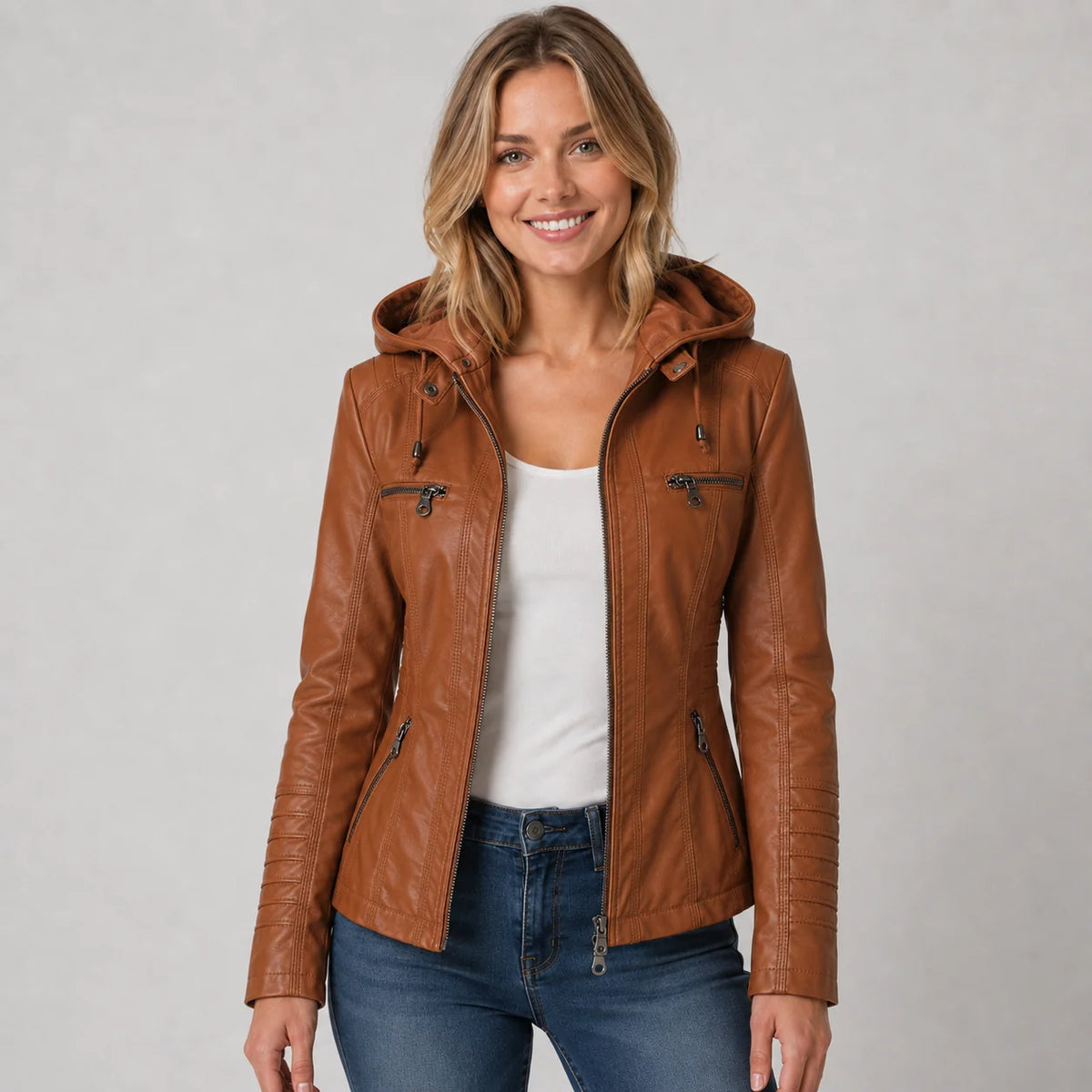 Mira Women's Jacket | Leather-Look, Detachable Hood, Zip Front 6