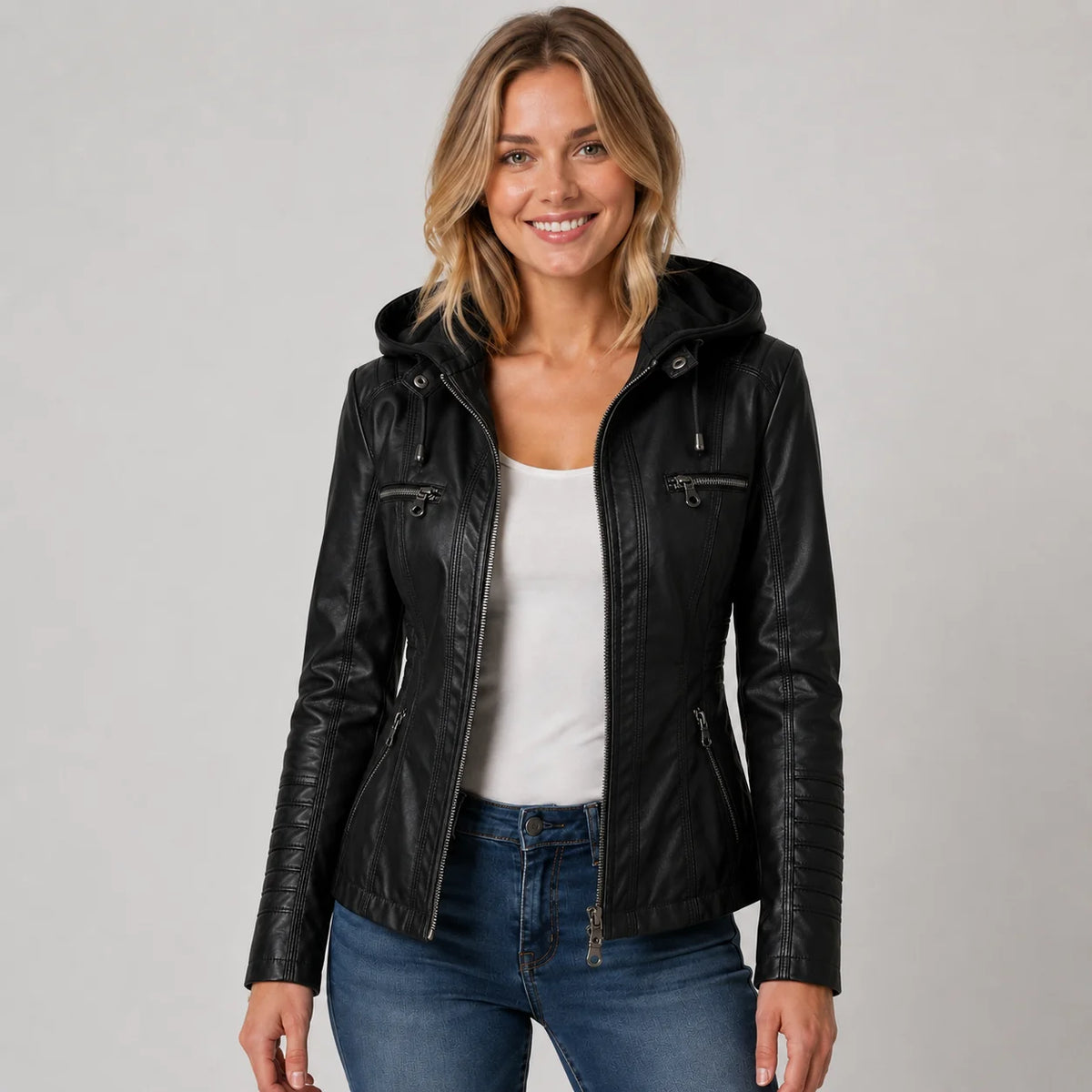 Mira Women's Jacket | Leather-Look, Detachable Hood, Zip Front 7