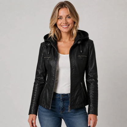 Mira Women's Jacket | Leather-Look, Detachable Hood, Zip Front 7
