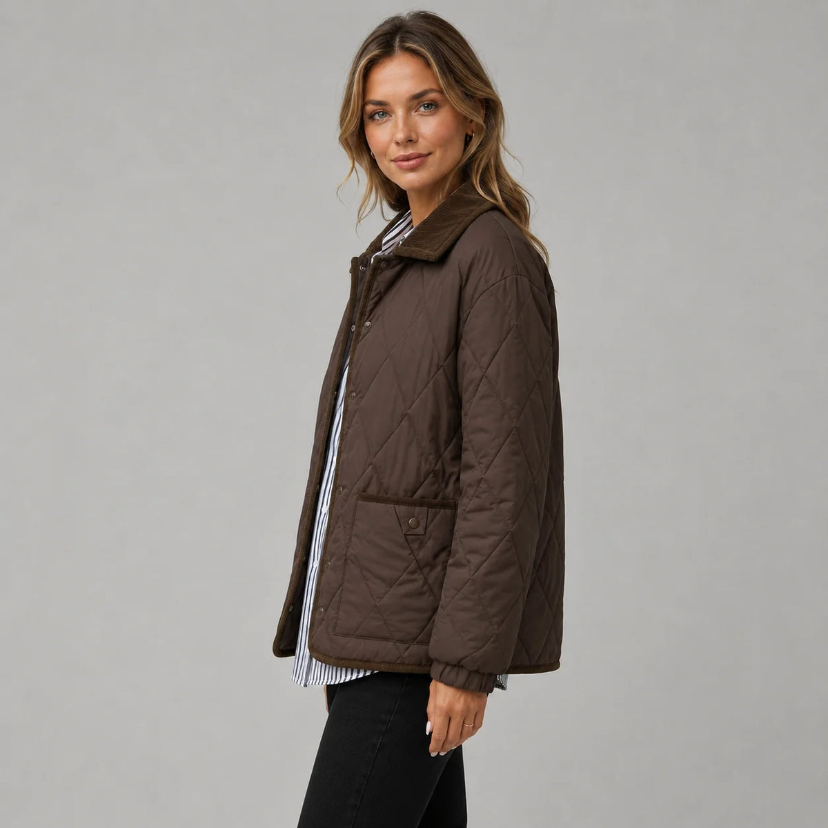 Mira Women's Quilted Jacket | Check Pattern, Contrast Collar 2