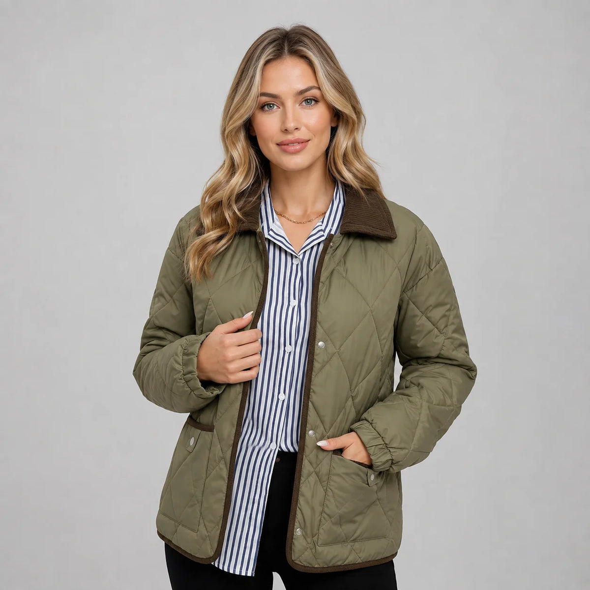 Mira Women's Quilted Jacket | Check Pattern, Contrast Collar 4