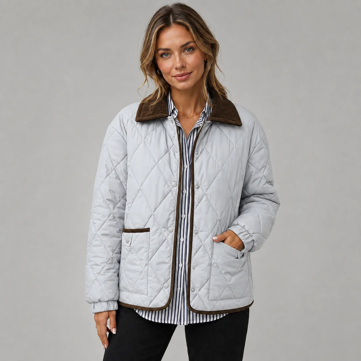 Mira Women's Quilted Jacket | Check Pattern, Contrast Collar 6