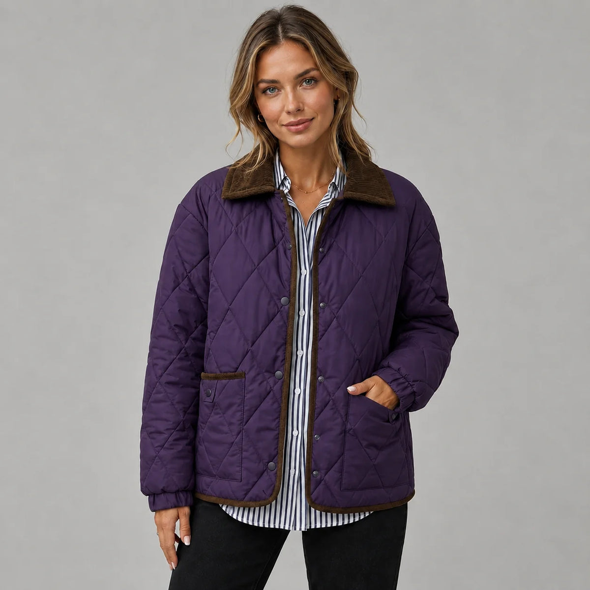 Mira Women's Quilted Jacket | Check Pattern, Contrast Collar 7