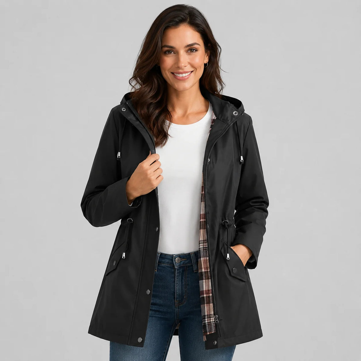 Mira Women's Raincoat | Lightweight Hooded, Check Lined 0