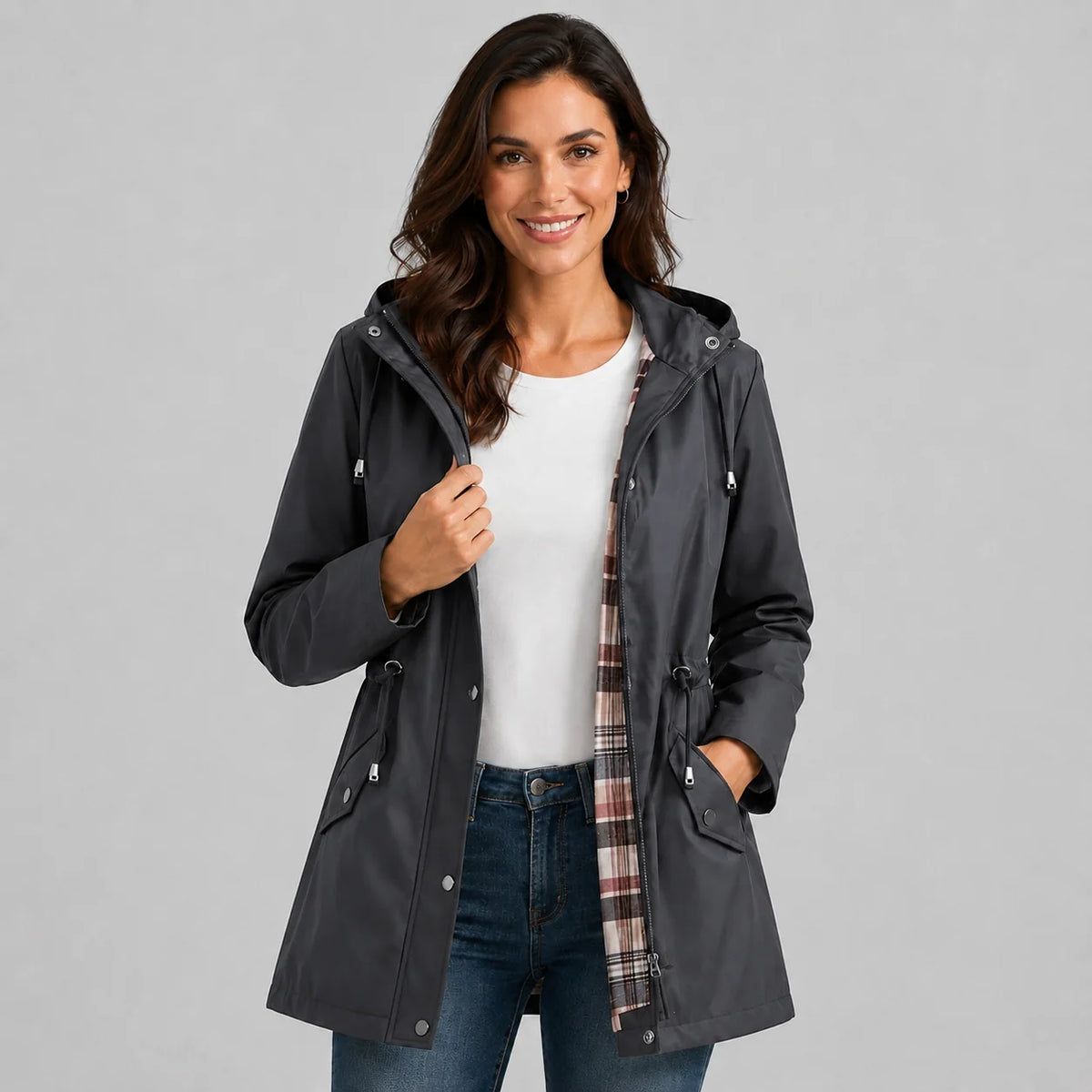 Mira Women's Raincoat | Lightweight Hooded, Check Lined 3
