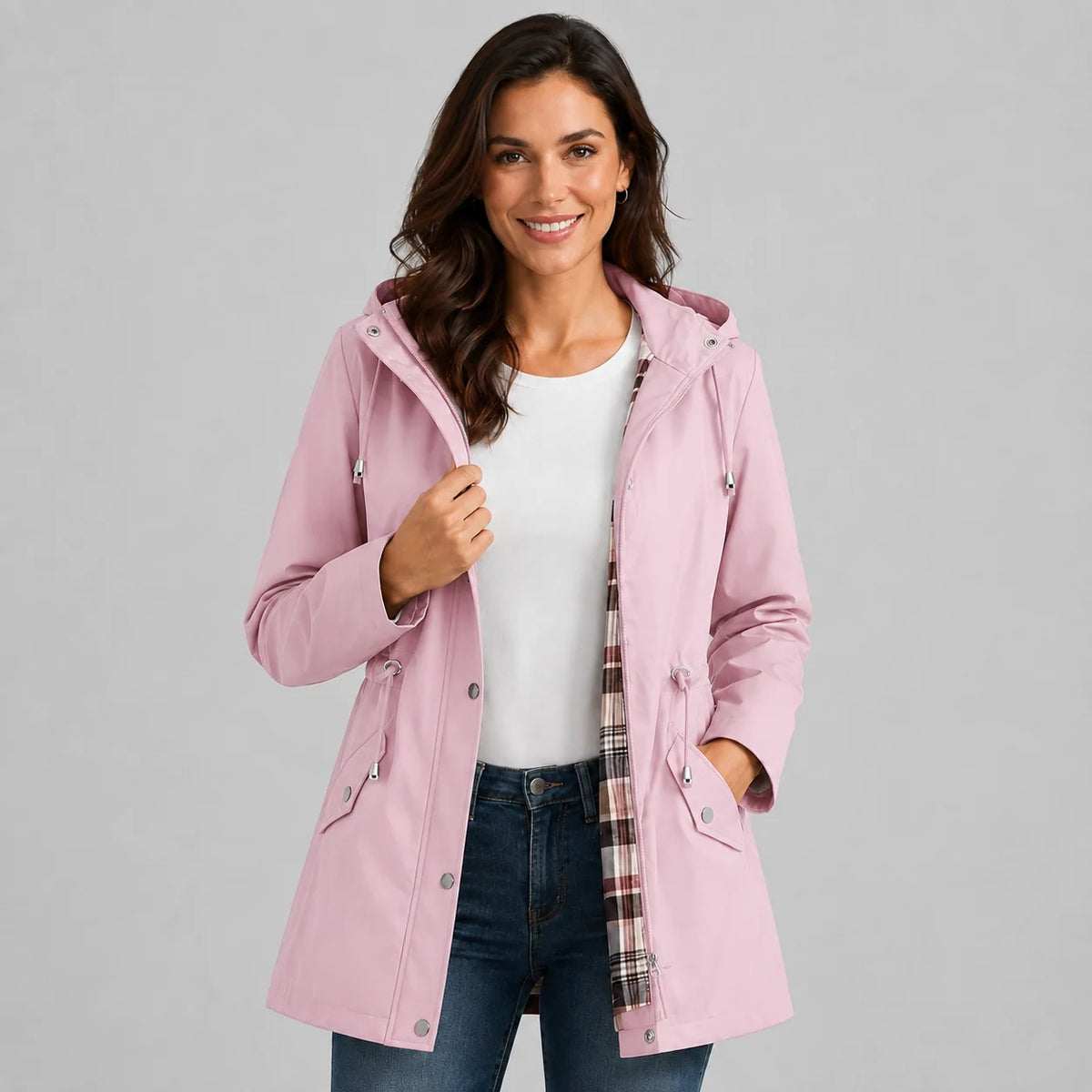 Mira Women's Raincoat | Lightweight Hooded, Check Lined 5