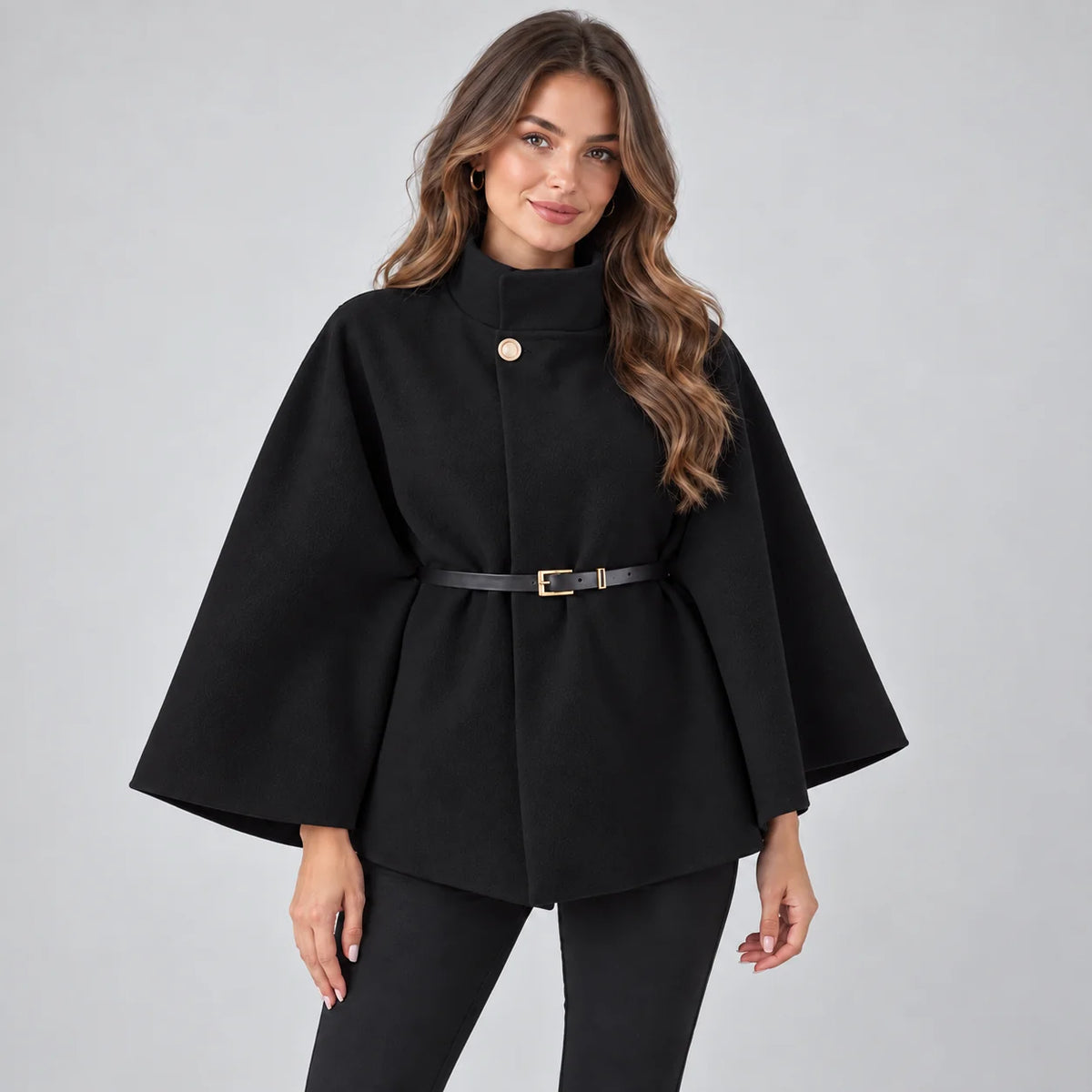Mirella Women's Cape Coat | Wool-Feel Fabric, Belted High Neck 4