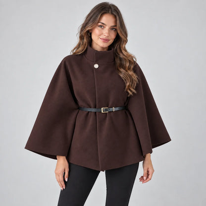 Mirella Women's Cape Coat | Wool-Feel Fabric, Belted High Neck 5