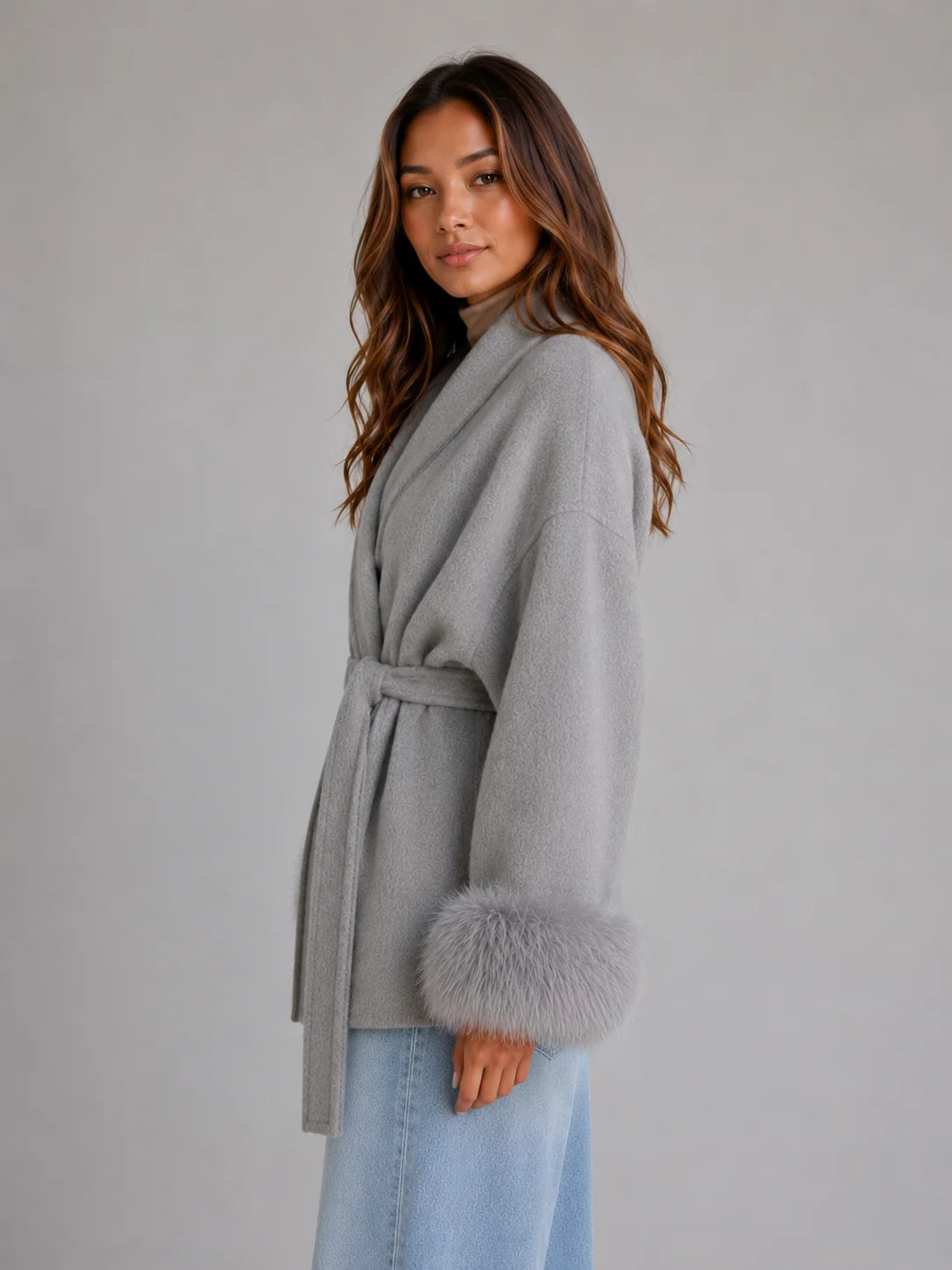 Mirella Women's Wool-Blend Wrap Coat | Belted with Faux Fur Trim 2