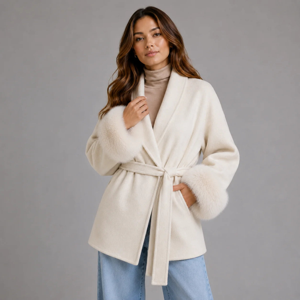 Mirella Women's Wool-Blend Wrap Coat | Belted with Faux Fur Trim 3