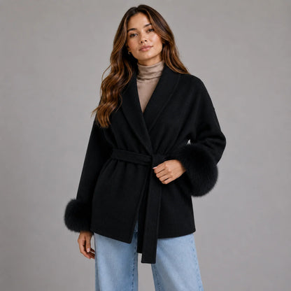 Mirella Women's Wool-Blend Wrap Coat | Belted with Faux Fur Trim 4