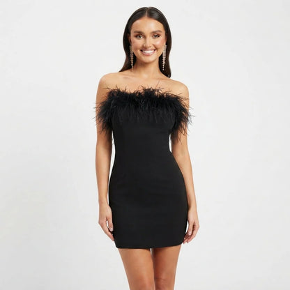 Nora Women's Mini Dress | Strapless Feather Trim, Fitted Silhouette 0