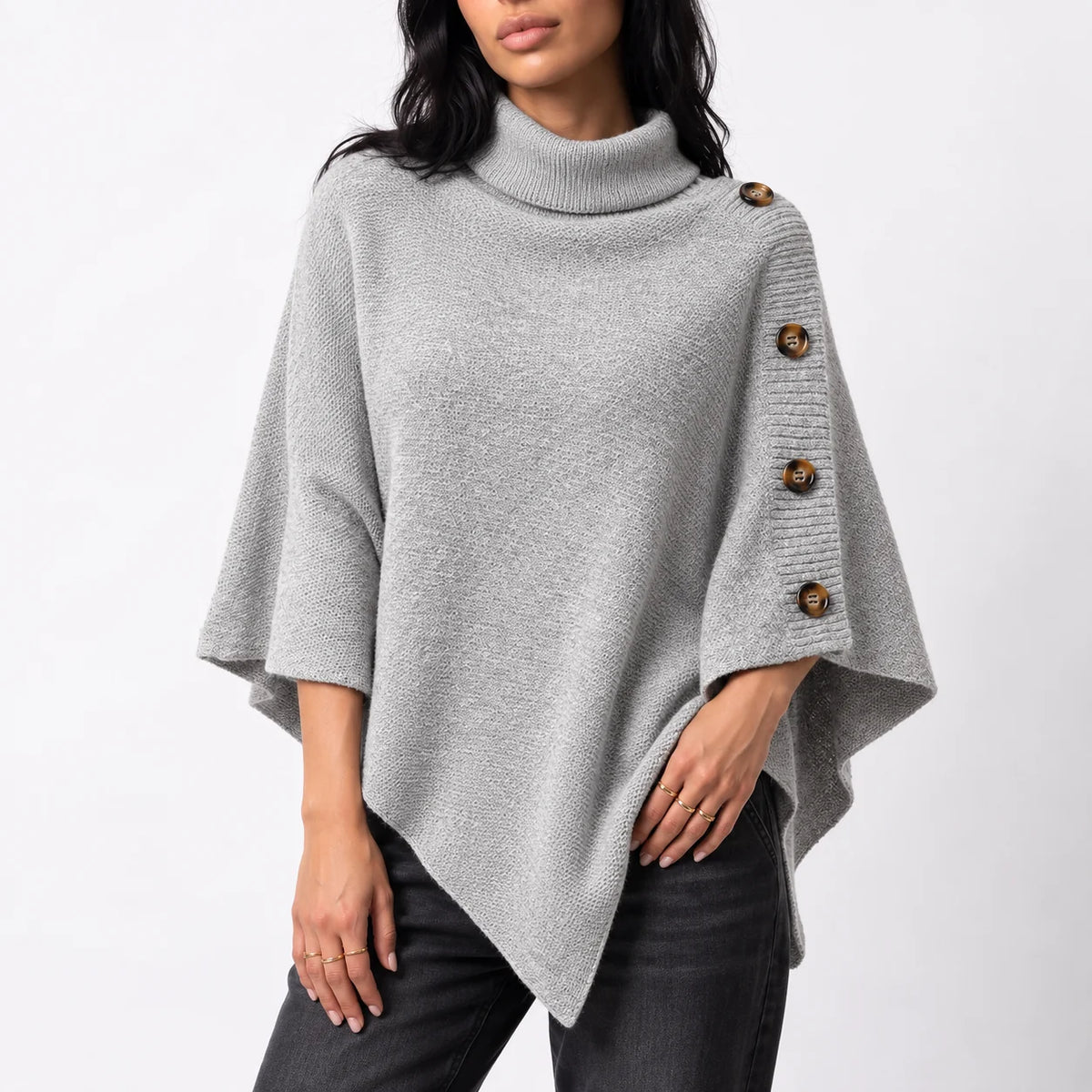 Nora Women's Poncho | Knitted Wool, Turtleneck, Asymmetric Hem 0