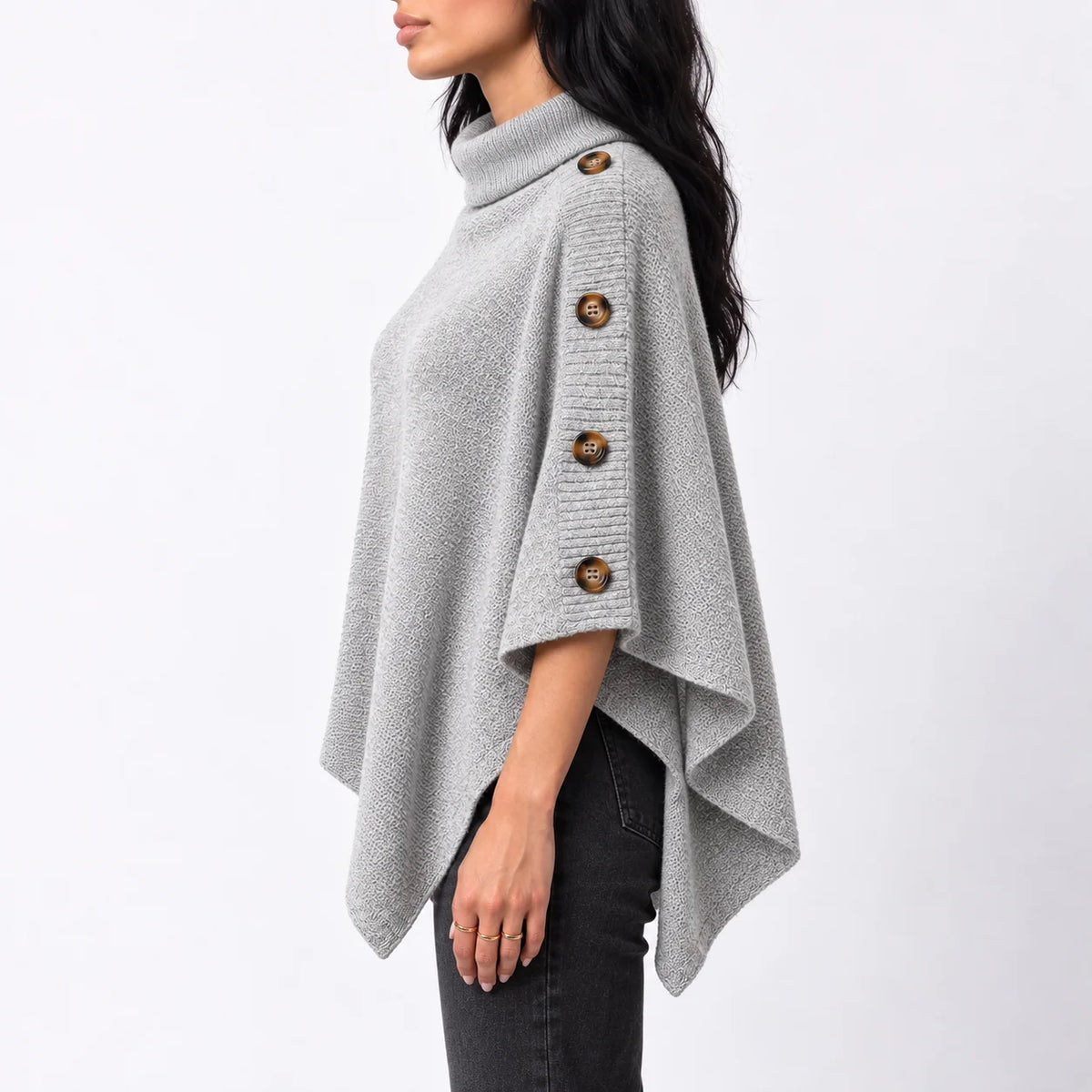 Nora Women's Poncho | Knitted Wool, Turtleneck, Asymmetric Hem 1