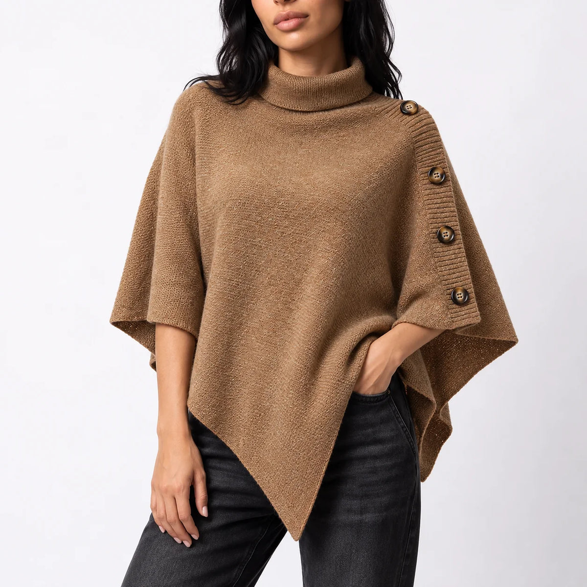 Nora Women's Poncho | Knitted Wool, Turtleneck, Asymmetric Hem 3