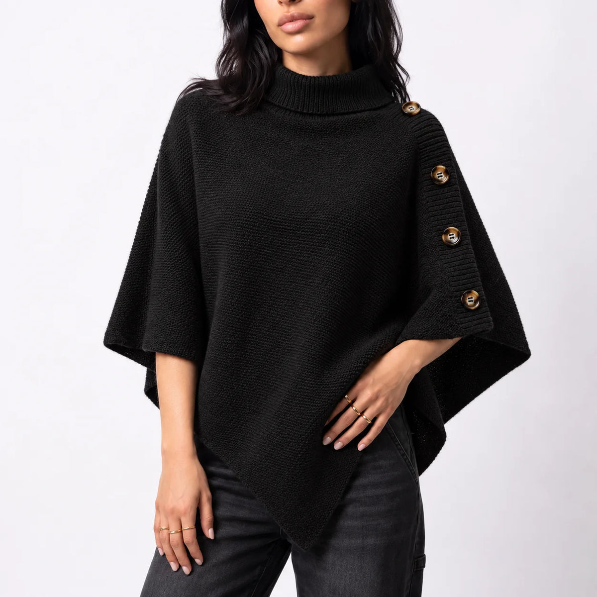 Nora Women's Poncho | Knitted Wool, Turtleneck, Asymmetric Hem 4