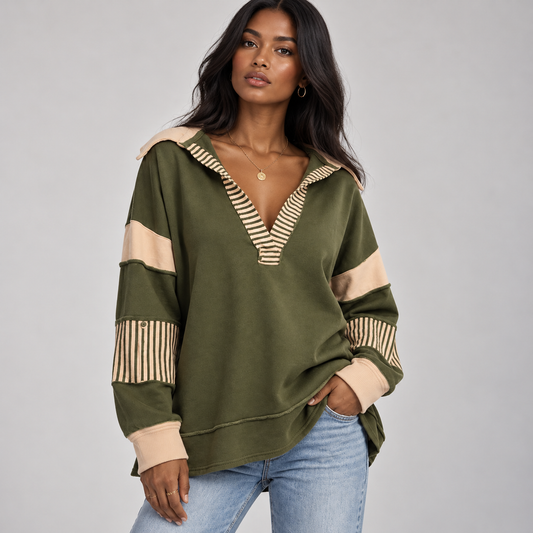 Vera Women's Oversized V-Neck Sweatshirt | Striped Sleeves Casual