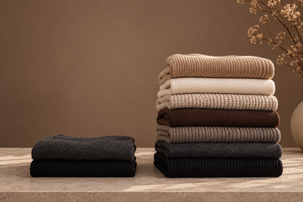 Comparison of folded premium knitwear in neutral tones